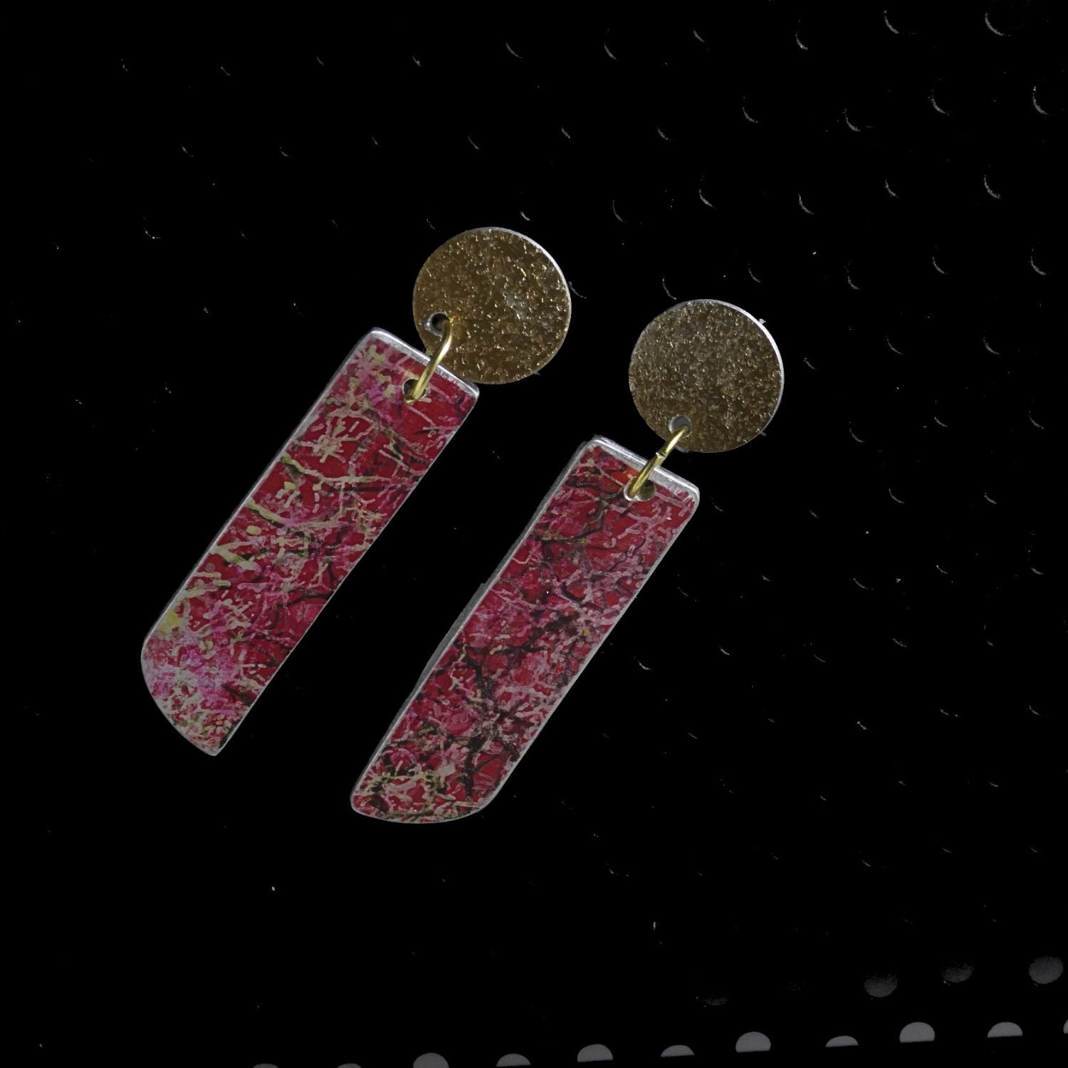 Anodised aluminium earrings hand printed Fiery Fusion Collection