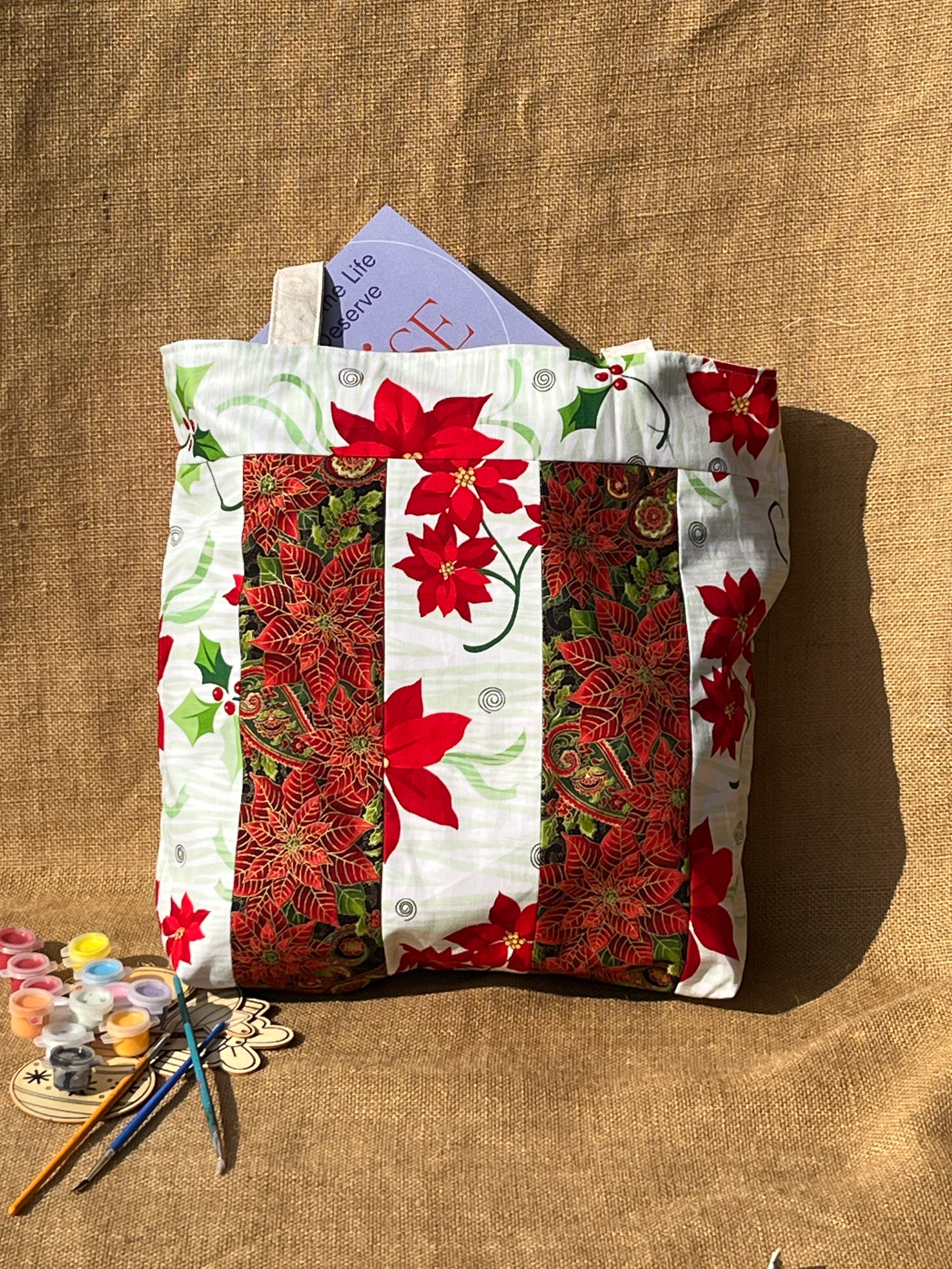 Handmade sustainable reusable fabric gift totes - Christmas fabric