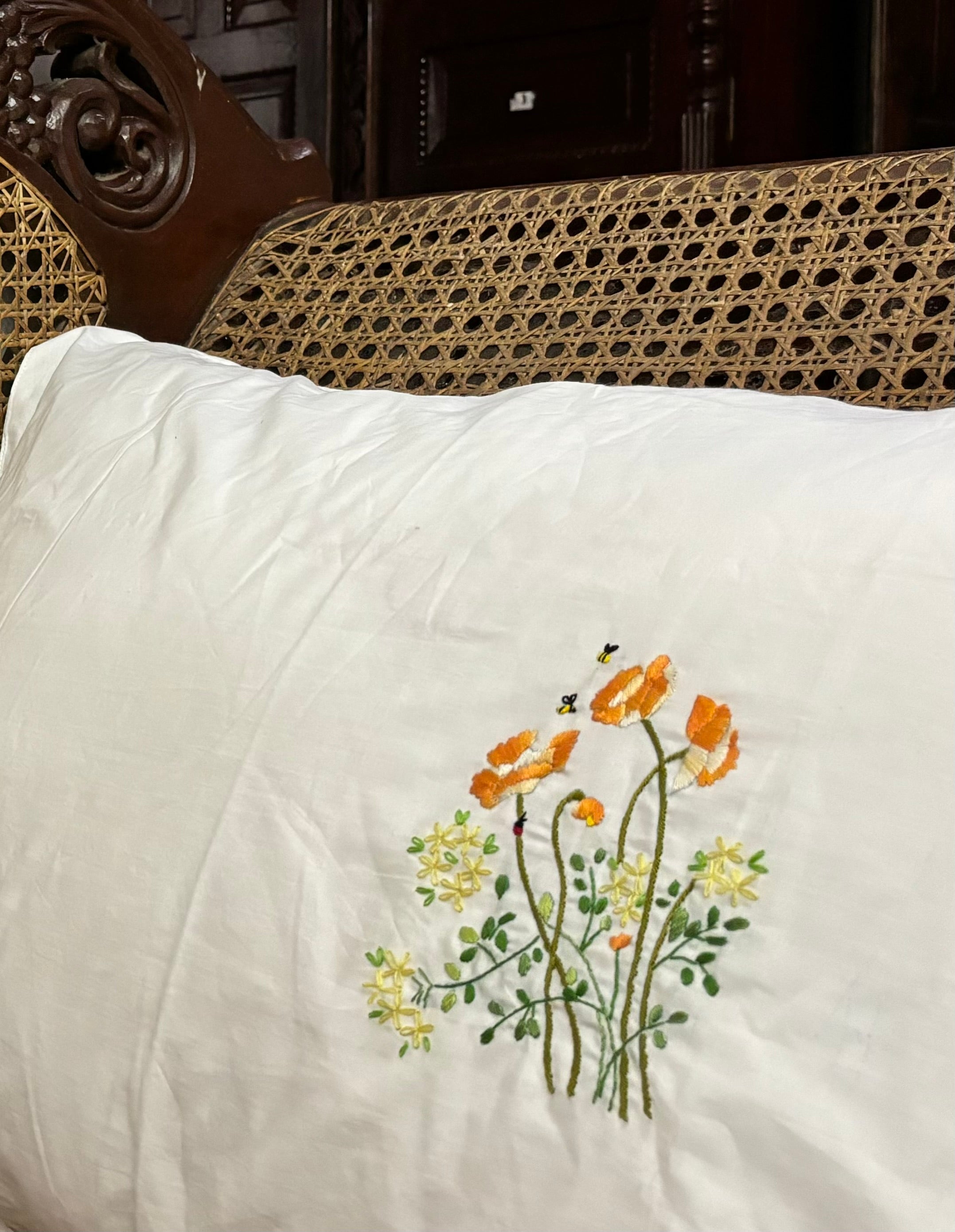 Set of 2 Hand Embroidered Floral Pillow Case/Cushion Cover