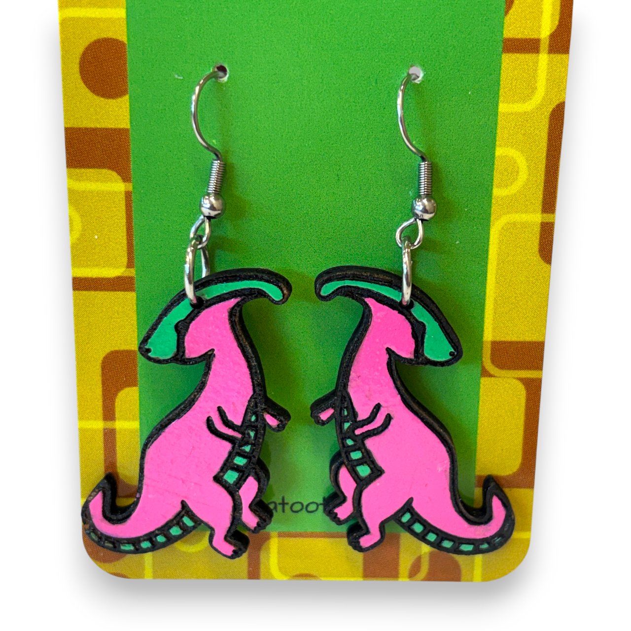 Wooden dinosaur earrings - hand painted - pink