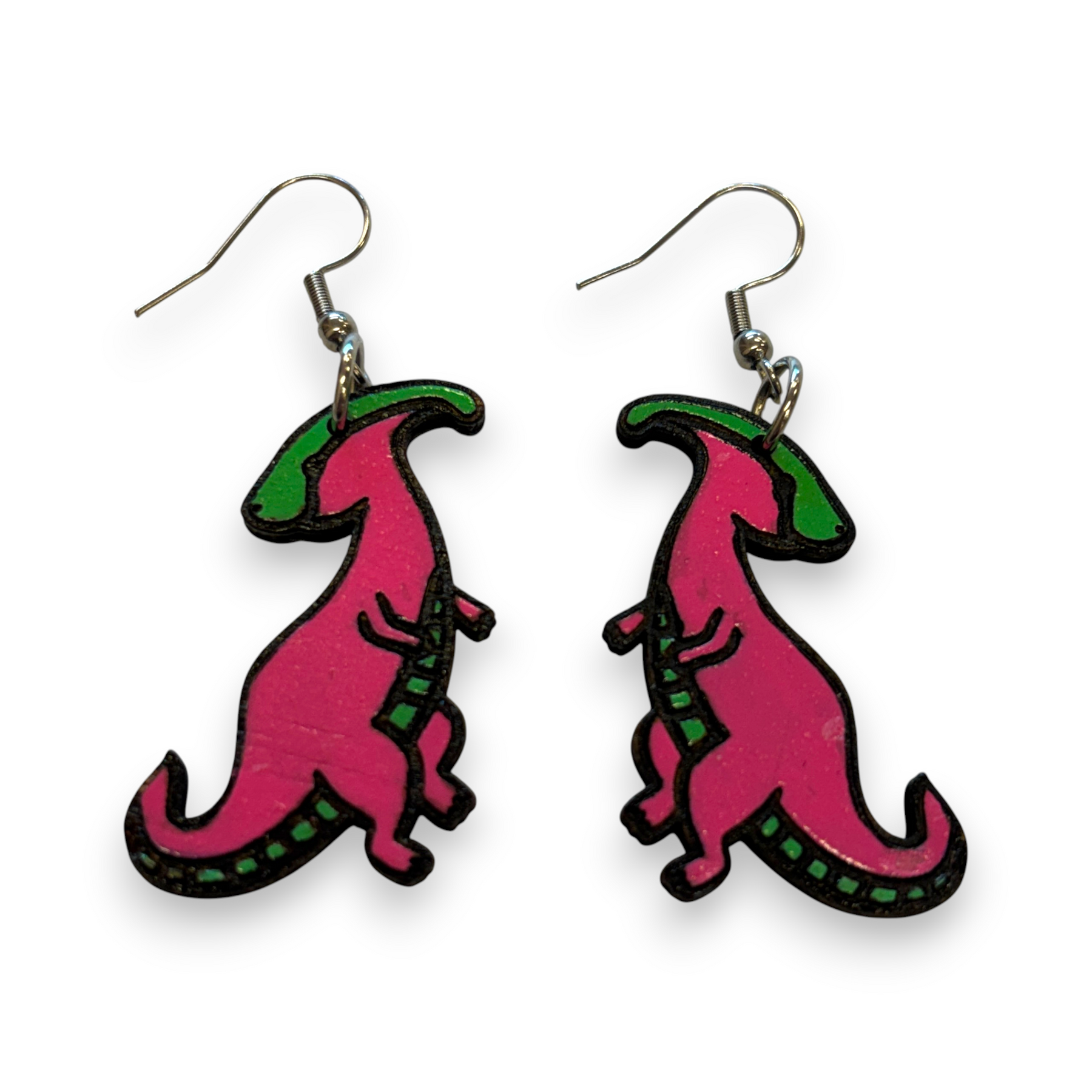 Wooden dinosaur earrings - hand painted - pink