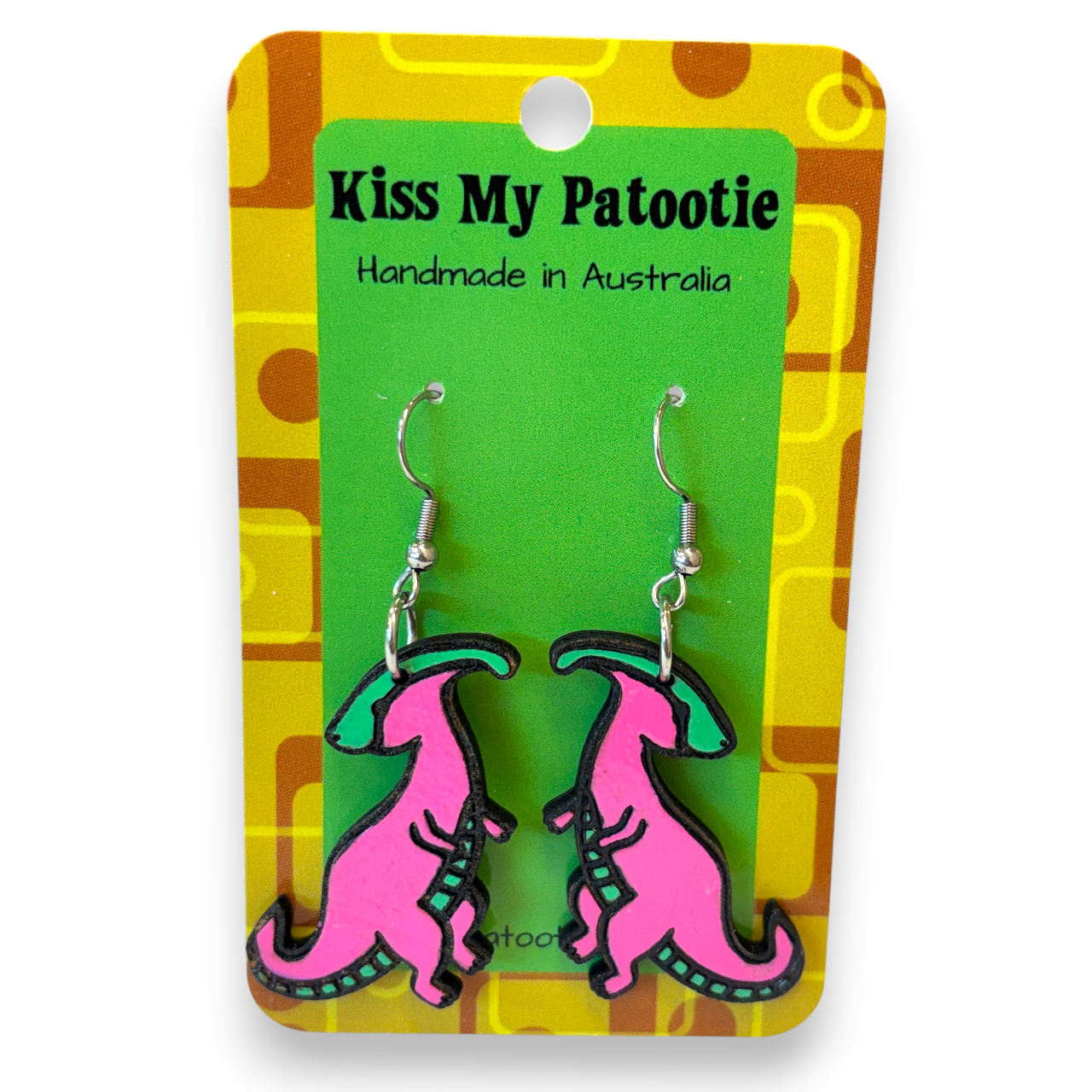 Wooden dinosaur earrings - hand painted - pink