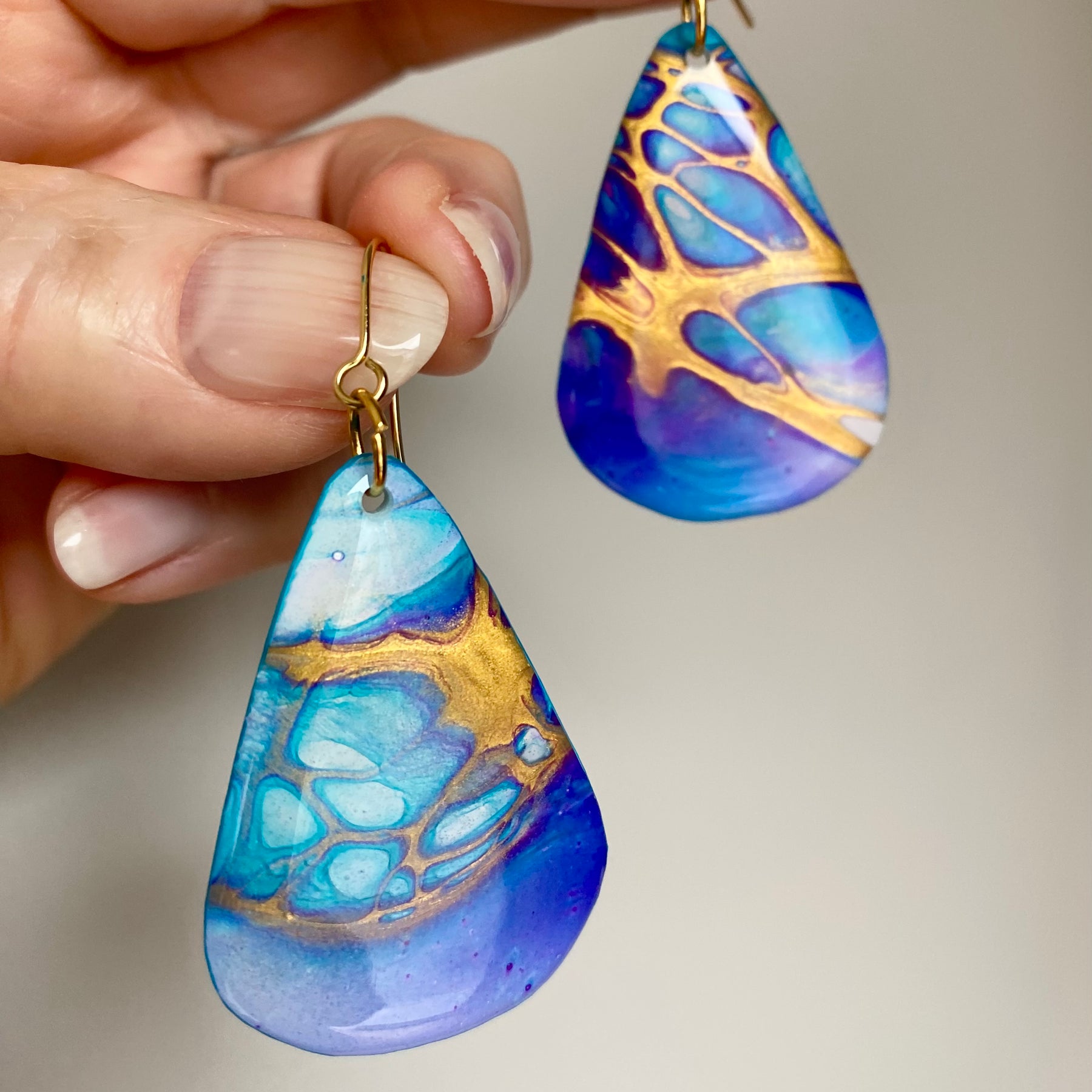 Turquoise Blue Purple Gold Painted Earrings