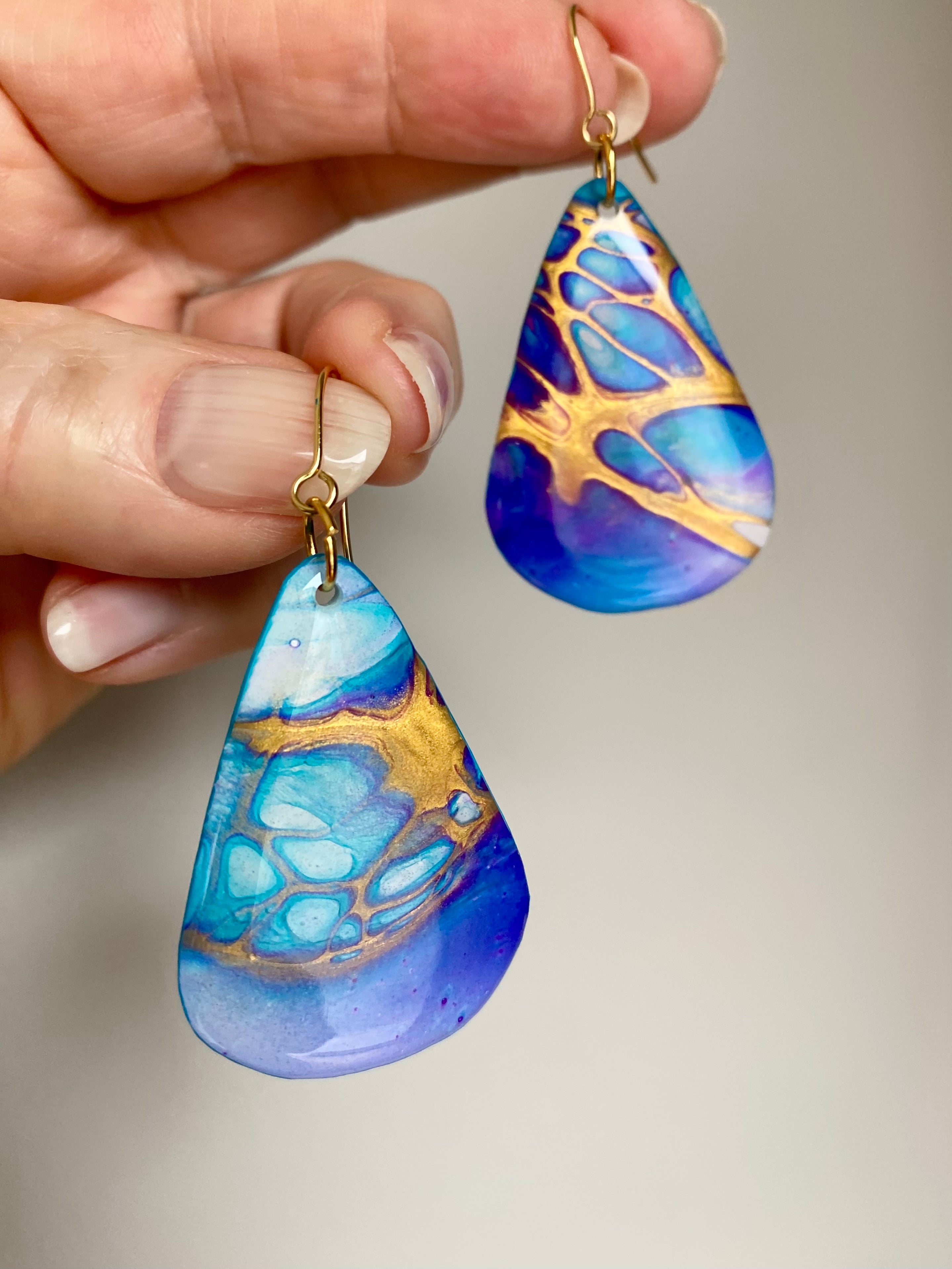 Turquoise Blue Purple Gold Painted Earrings