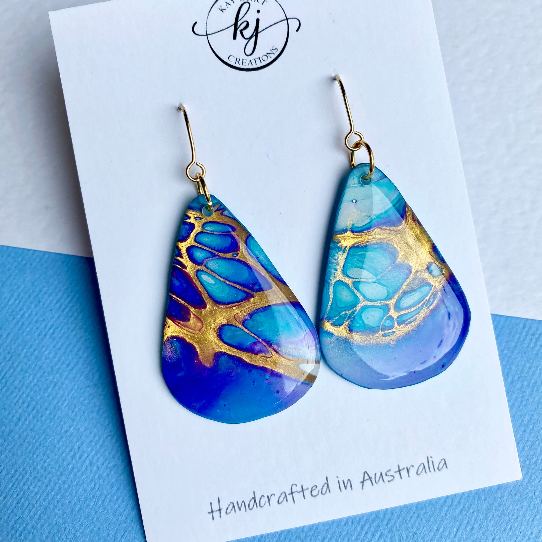 Turquoise Blue Purple Gold Painted Earrings