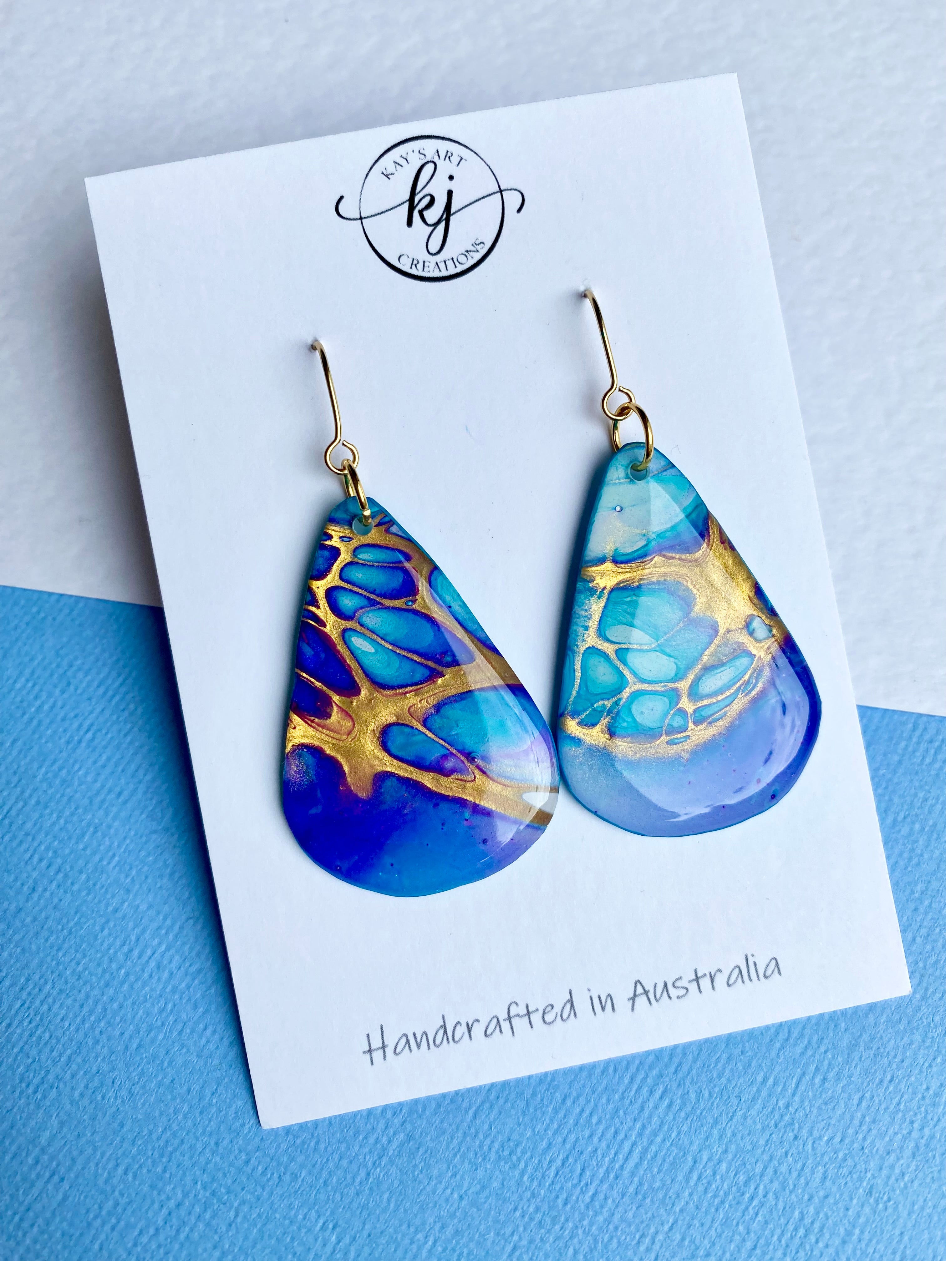 Turquoise Blue Purple Gold Painted Earrings