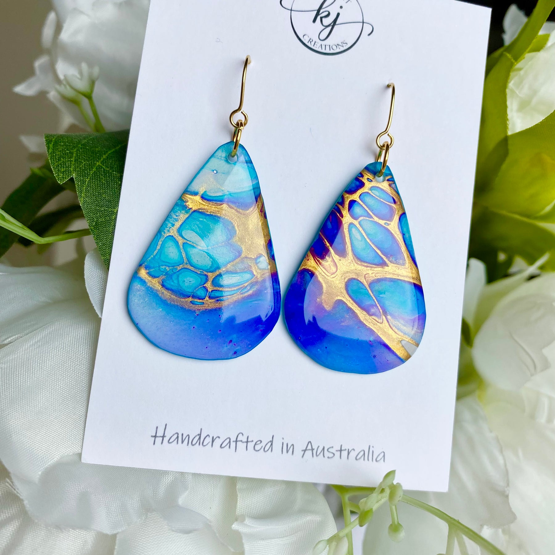Turquoise Blue Purple Gold Painted Earrings