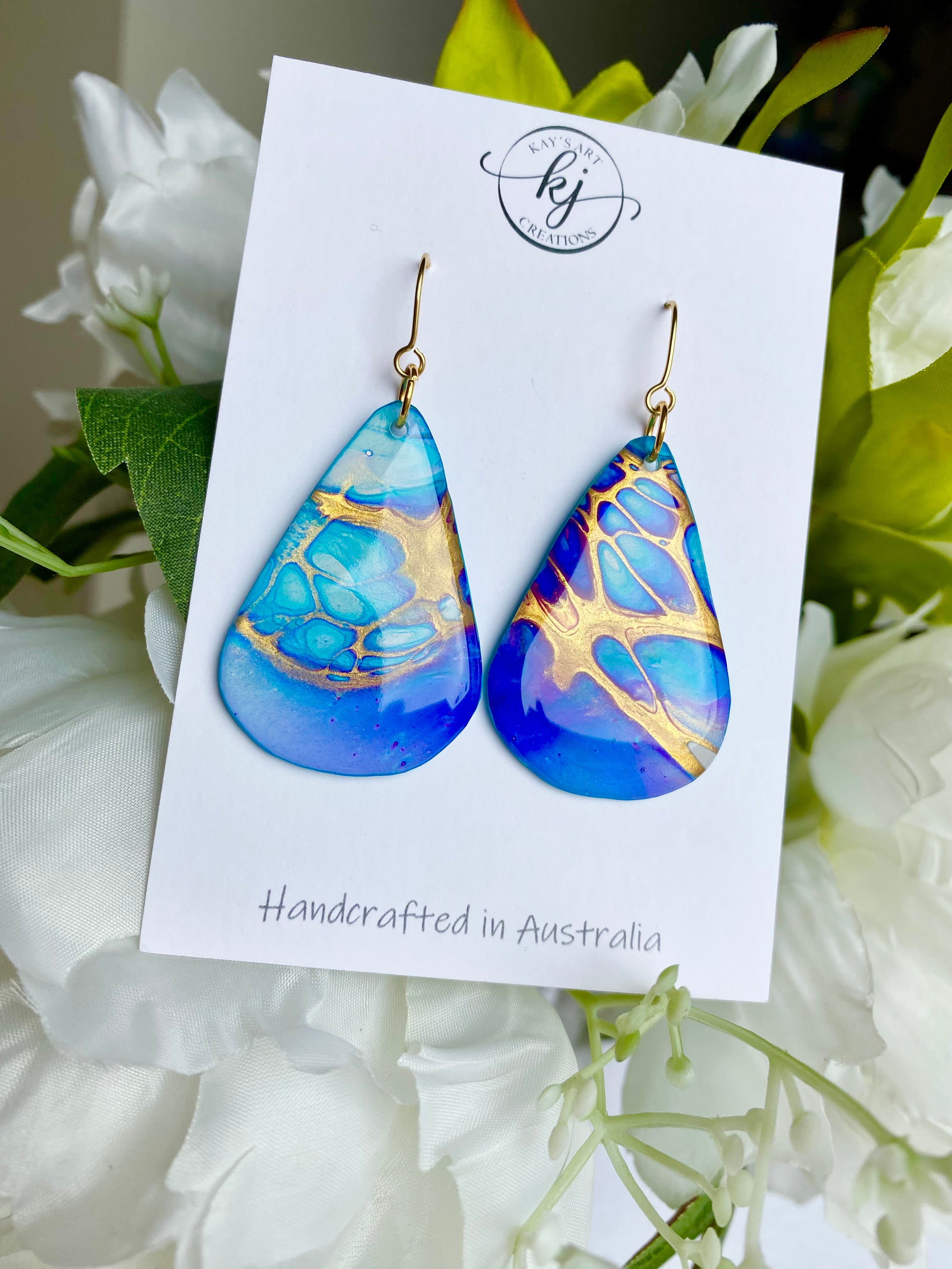 Turquoise Blue Purple Gold Painted Earrings