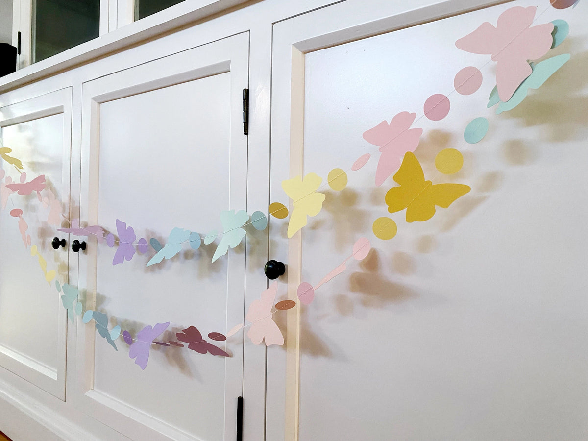 Pastel butterfly garland, birthday party decor.