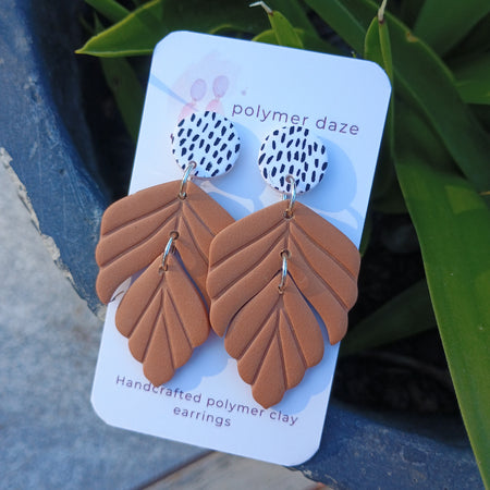 Brown Leaf dangle earrings with painted stud top