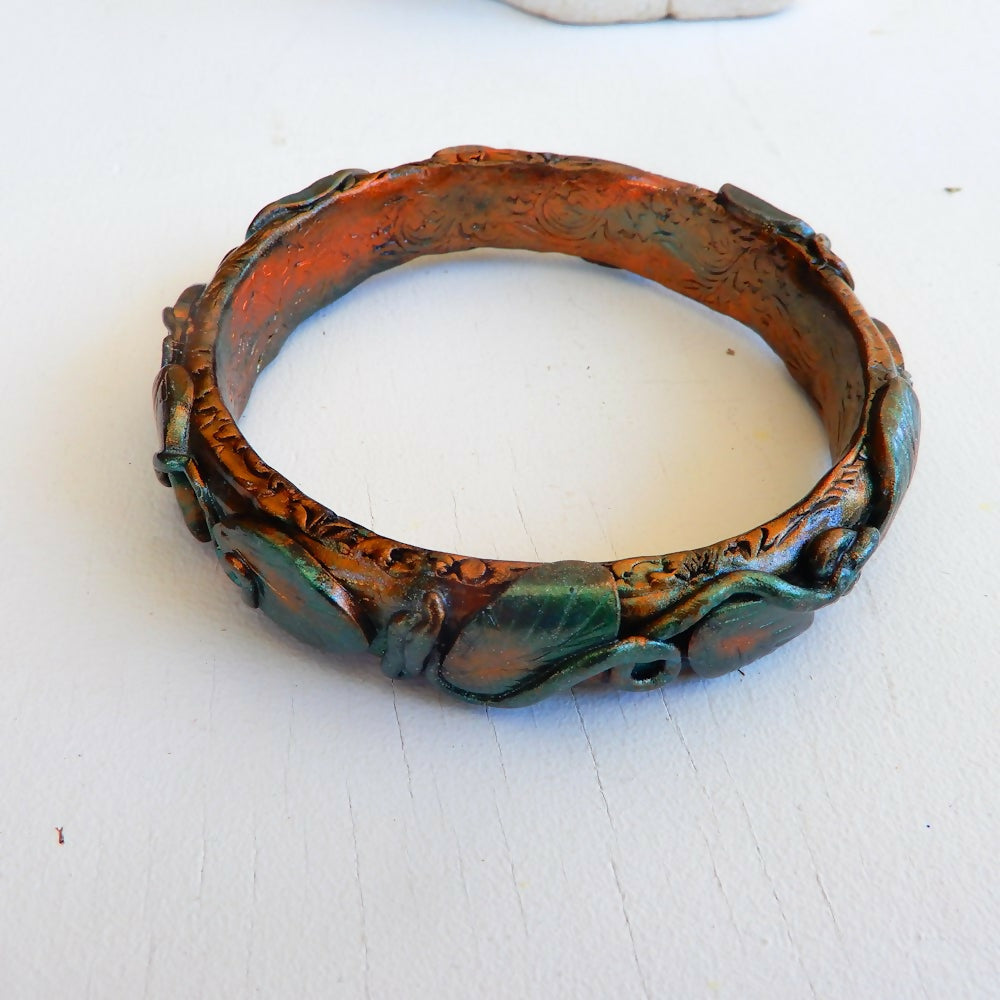 Copper & Green Polymer Clay Bangle "Autumn Leaves"