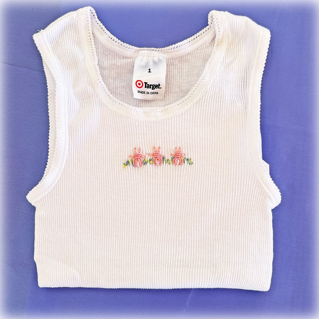 Singlets, hand embroidered for babies.  Free post.