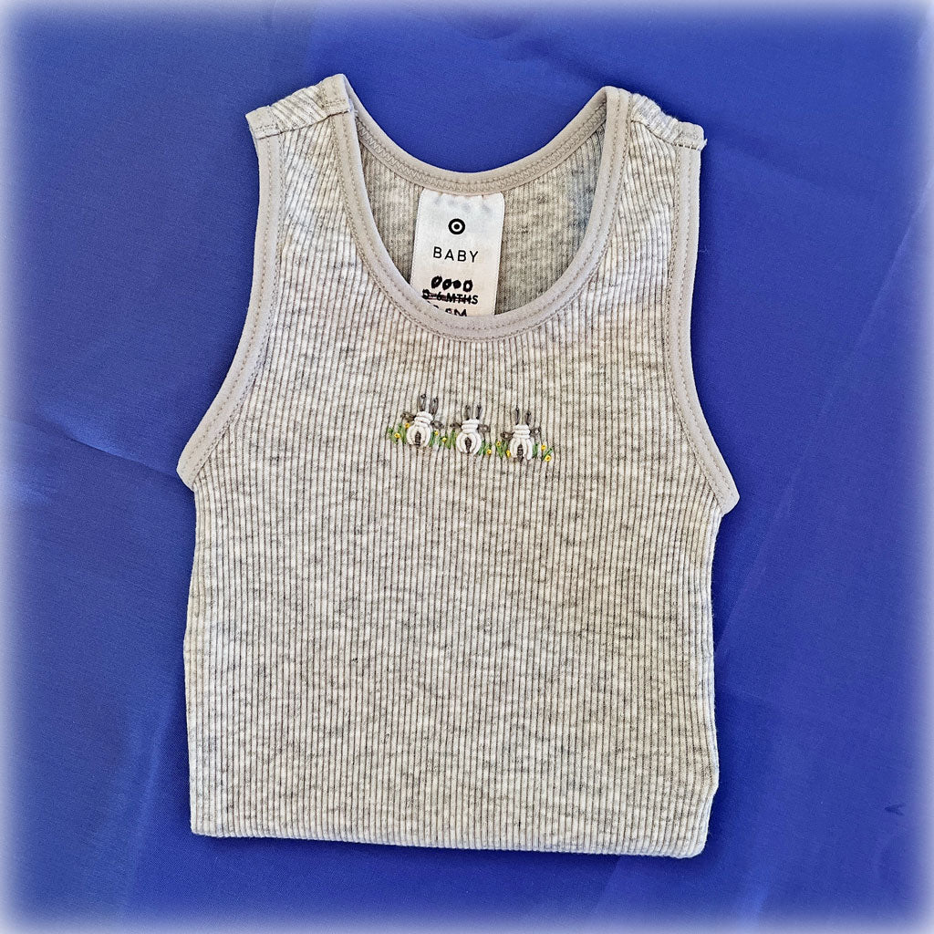Singlets, hand embroidered for babies.  Free post.
