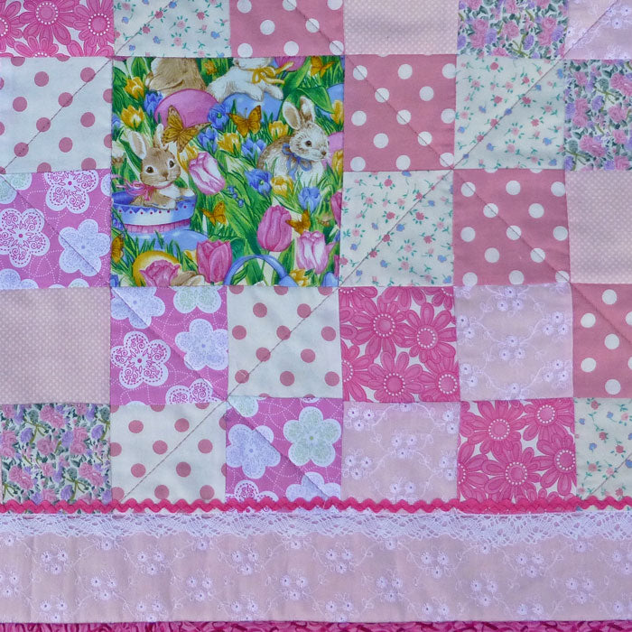 cot and play-time quilt. "Bunnies in the garden." Handmade.  Massive discount
