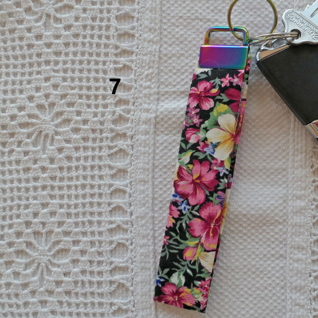 Key fobs. Handmade. Pretty fabrics, bright colours.
