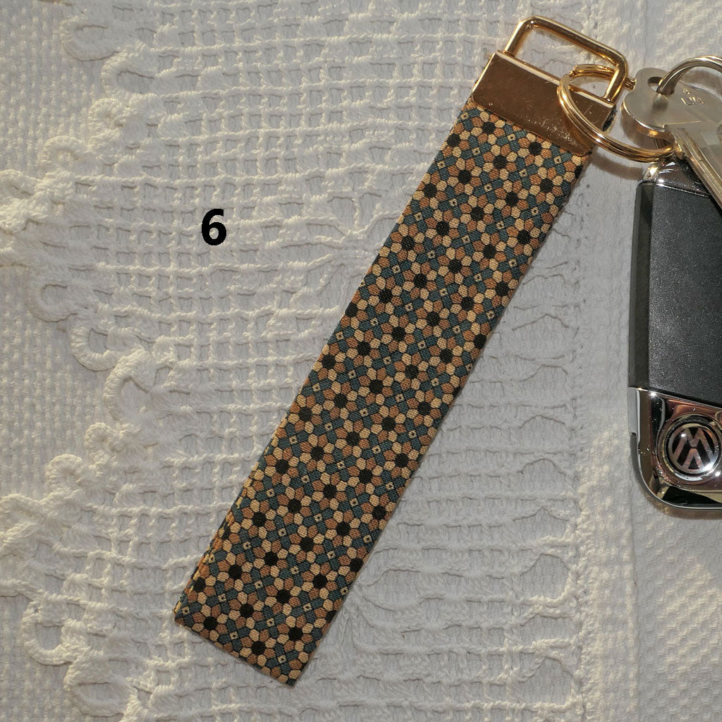 Key fobs. Handmade. Pretty fabrics, bright colours.