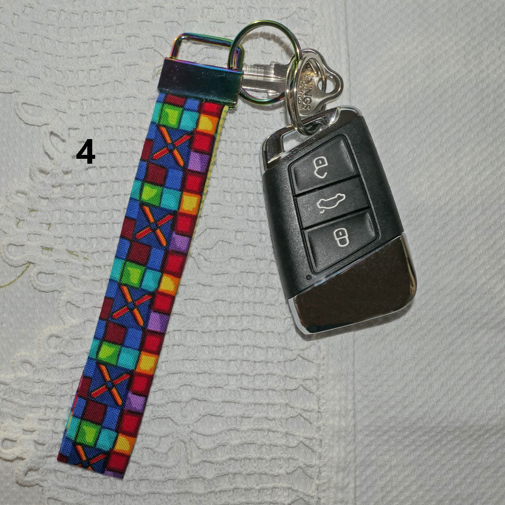 Key fobs. Handmade. Pretty fabrics, bright colours.