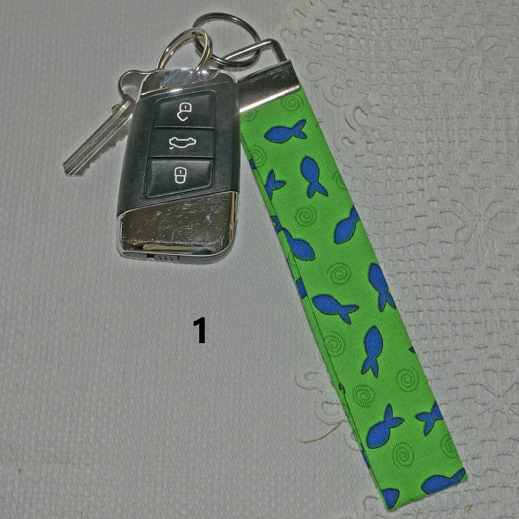 Key fobs. Handmade. Pretty fabrics, bright colours.