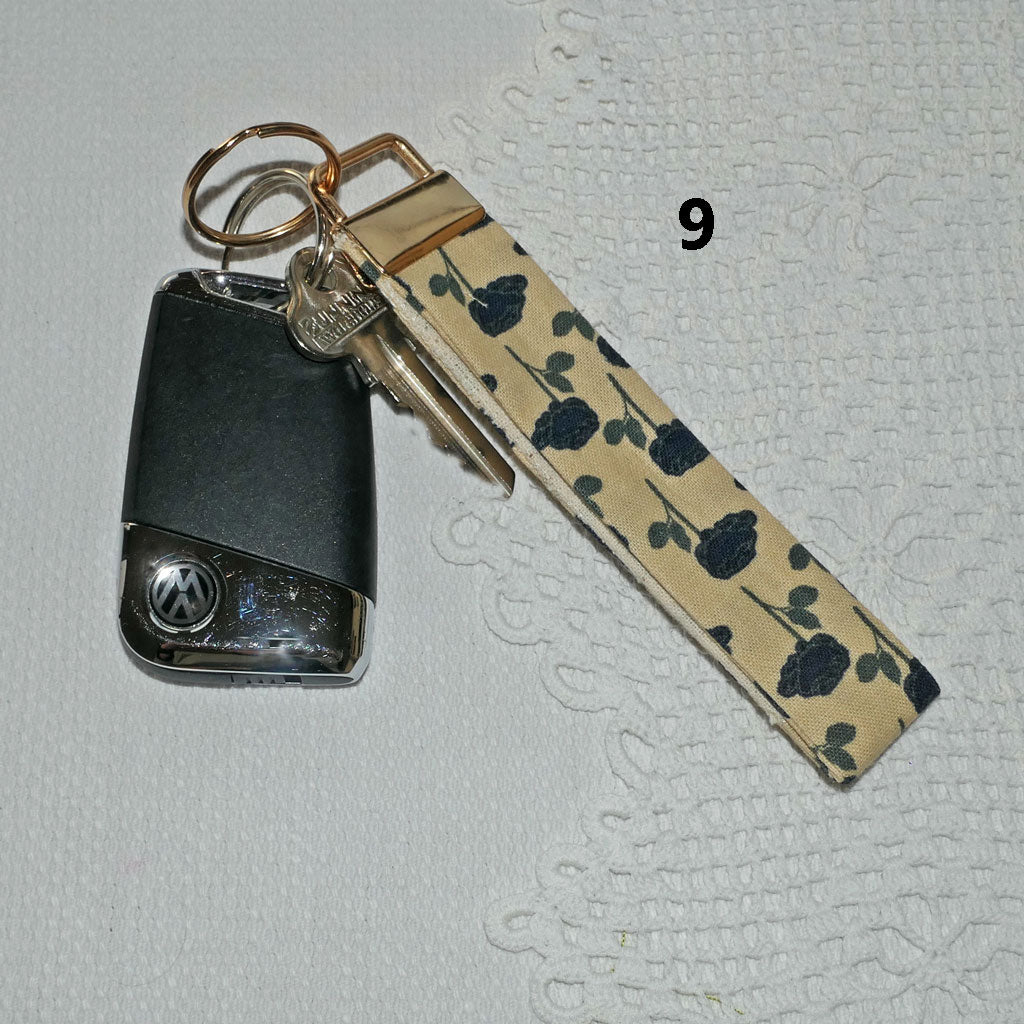 Key fobs. Handmade. Pretty fabrics, bright colours.
