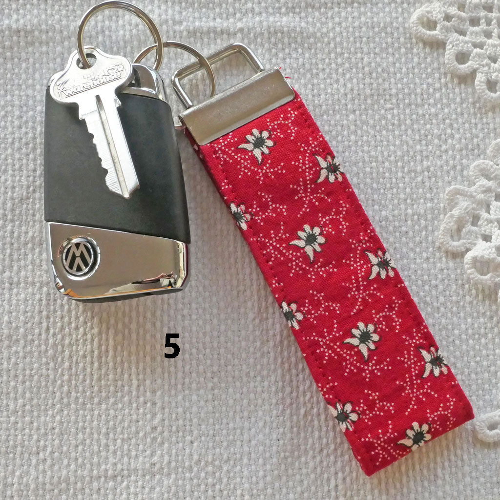 Key fobs. Handmade. Pretty fabrics, bright colours.