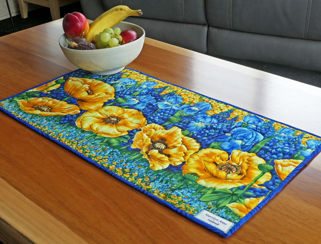 Table runner. Handmade. Poppies & Iris. Bold Colours