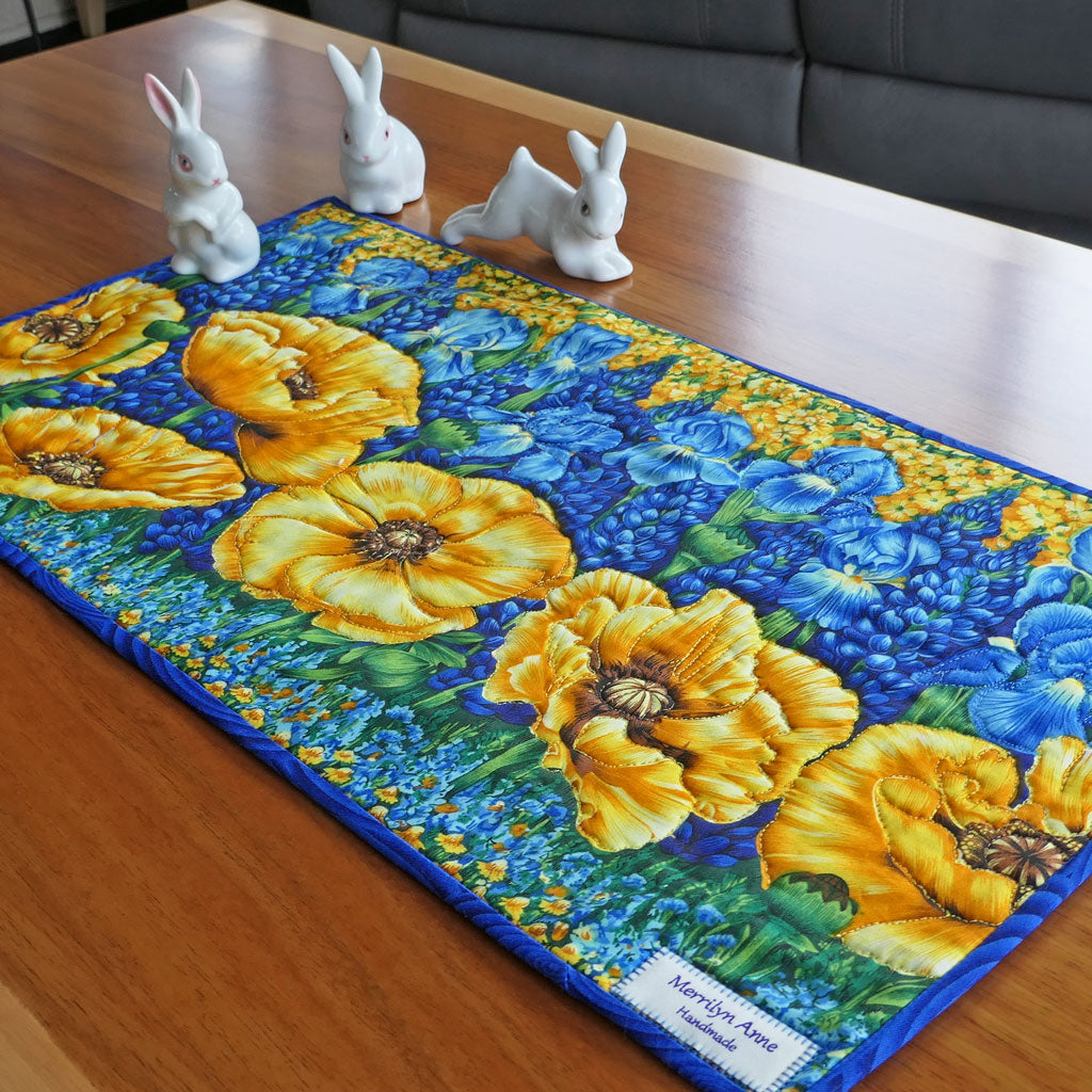 Table runner. Handmade. Poppies & Iris. Bold Colours
