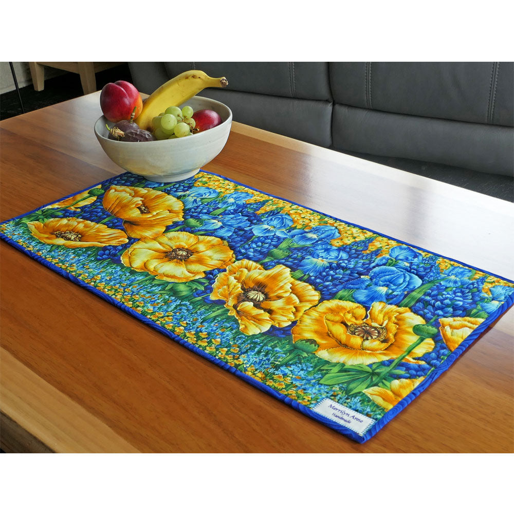 Table runner. Handmade. Poppies & Iris. Bold Colours