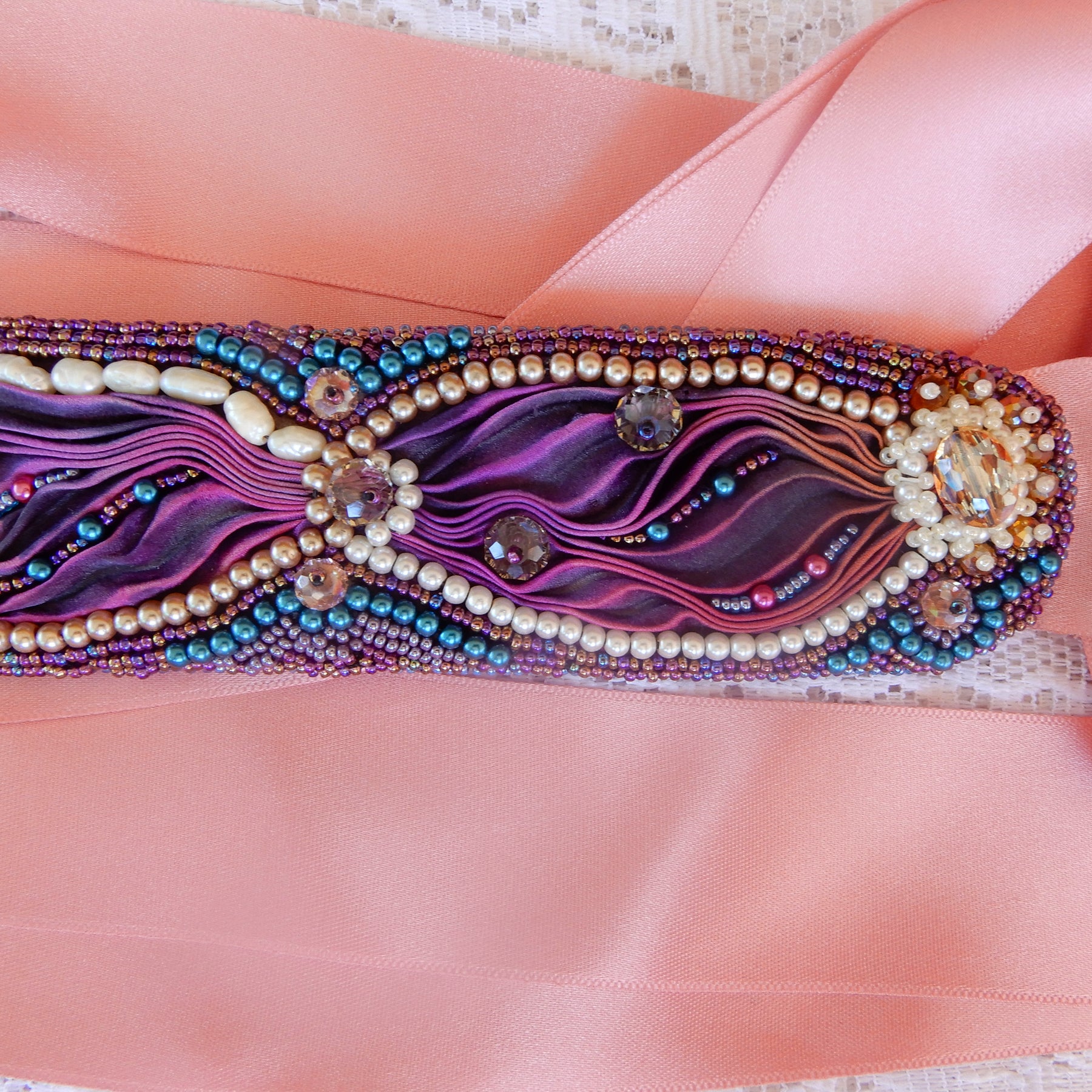 Bead Embroidered Bridal Sash Belt in Mostly Purple