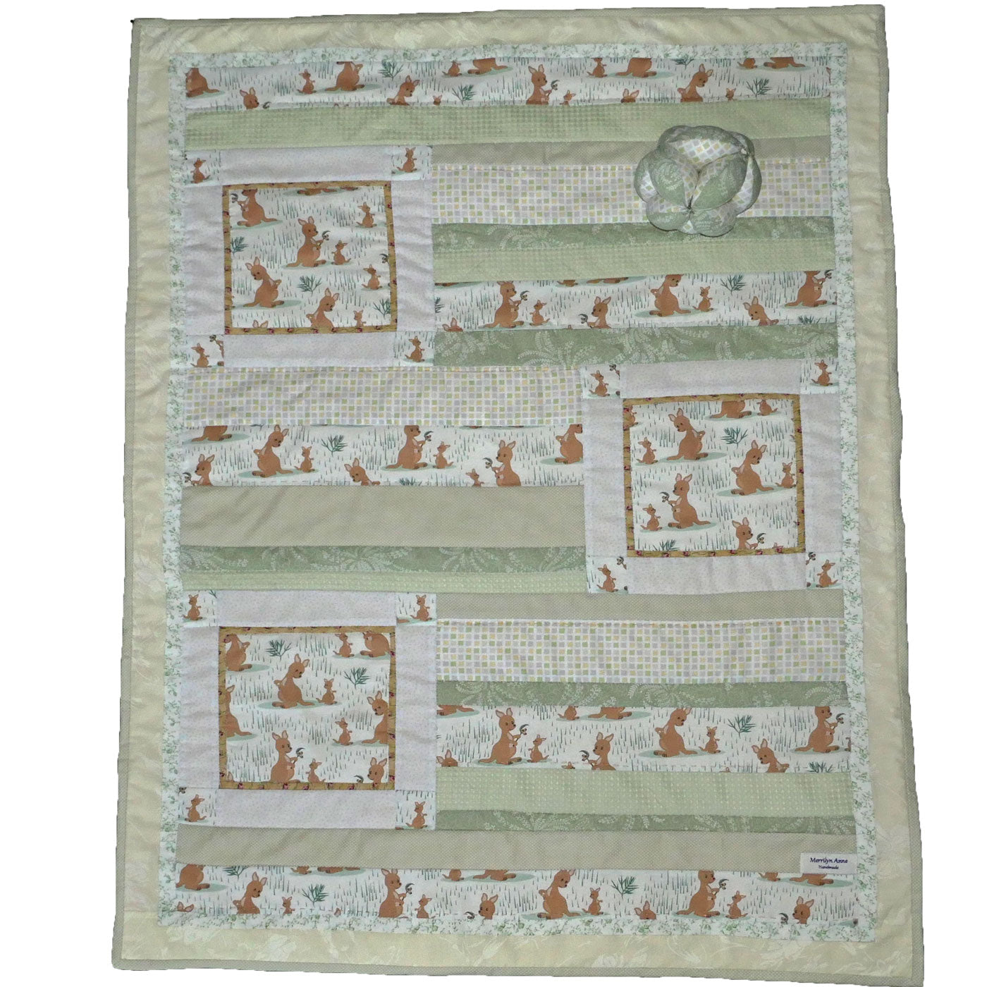 Cot/play quilt, soft ball. Kangaroos.  Australiana.  Handmade