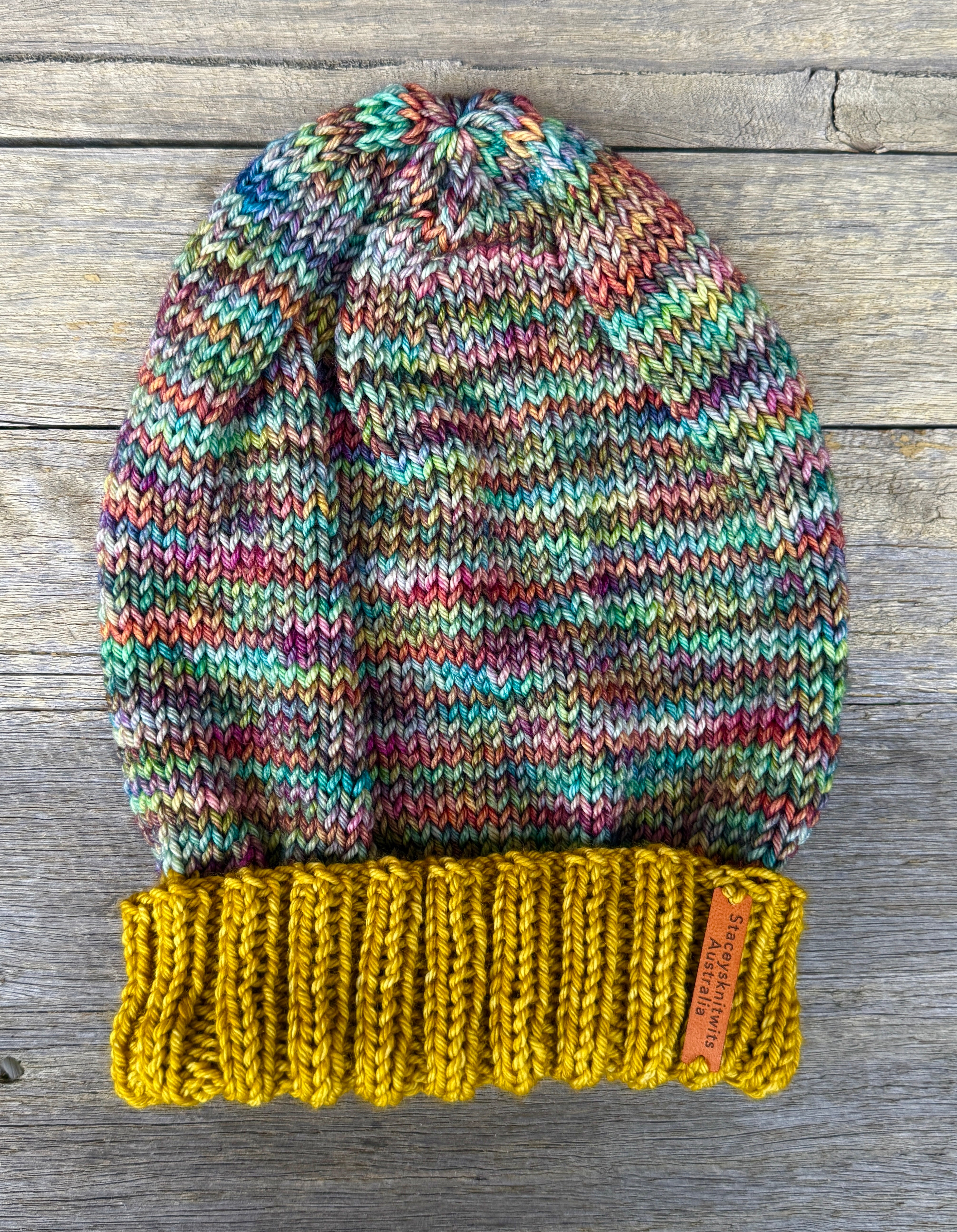 Merino Slouchy Beanie, Hand Knitted Mustard & Rainbow Slouchy