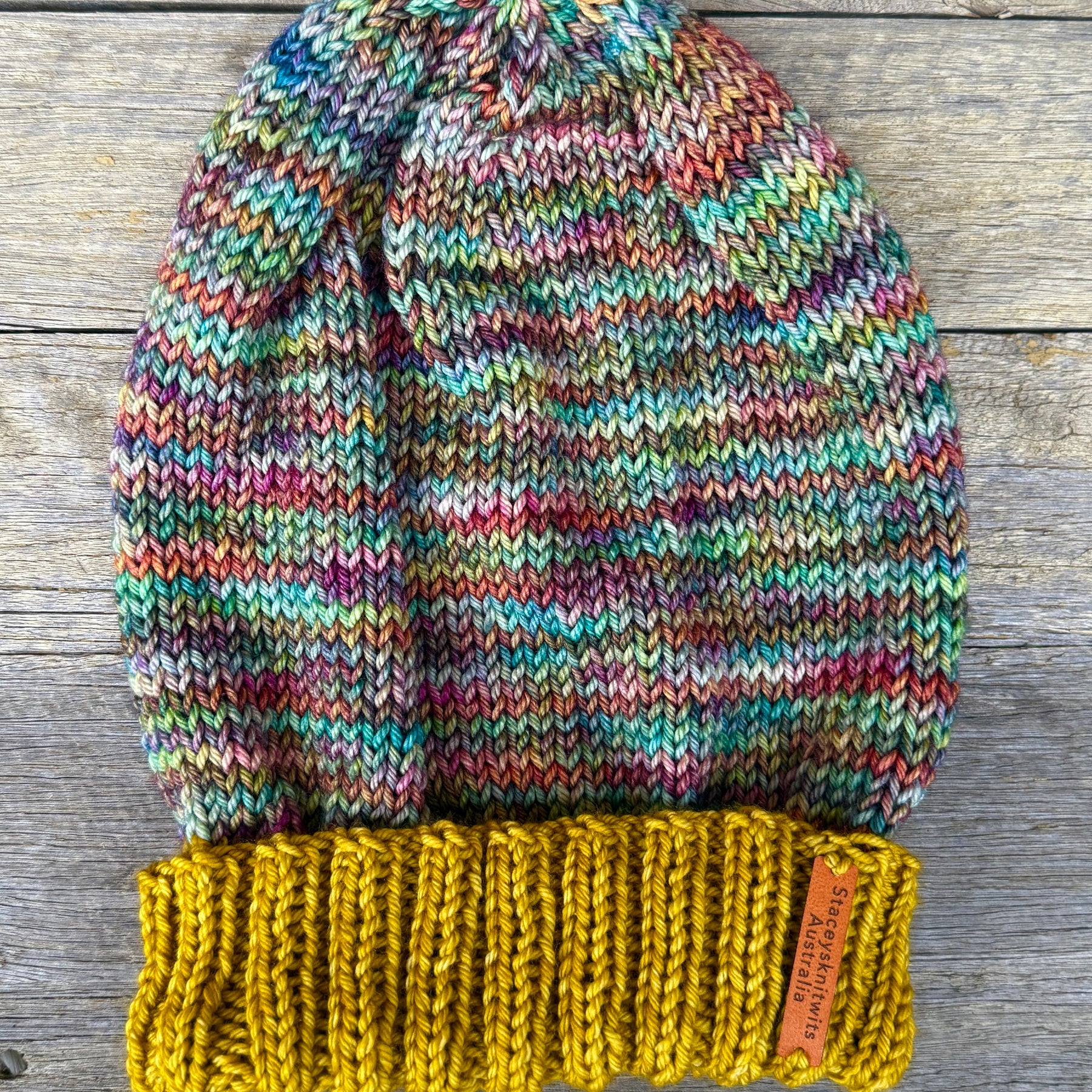 Merino Slouchy Beanie, Hand Knitted Mustard & Rainbow Slouchy