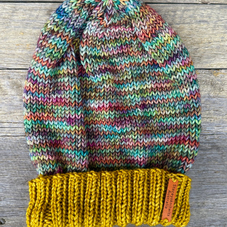 Merino Slouchy Beanie, Hand Knitted Mustard & Rainbow Slouchy