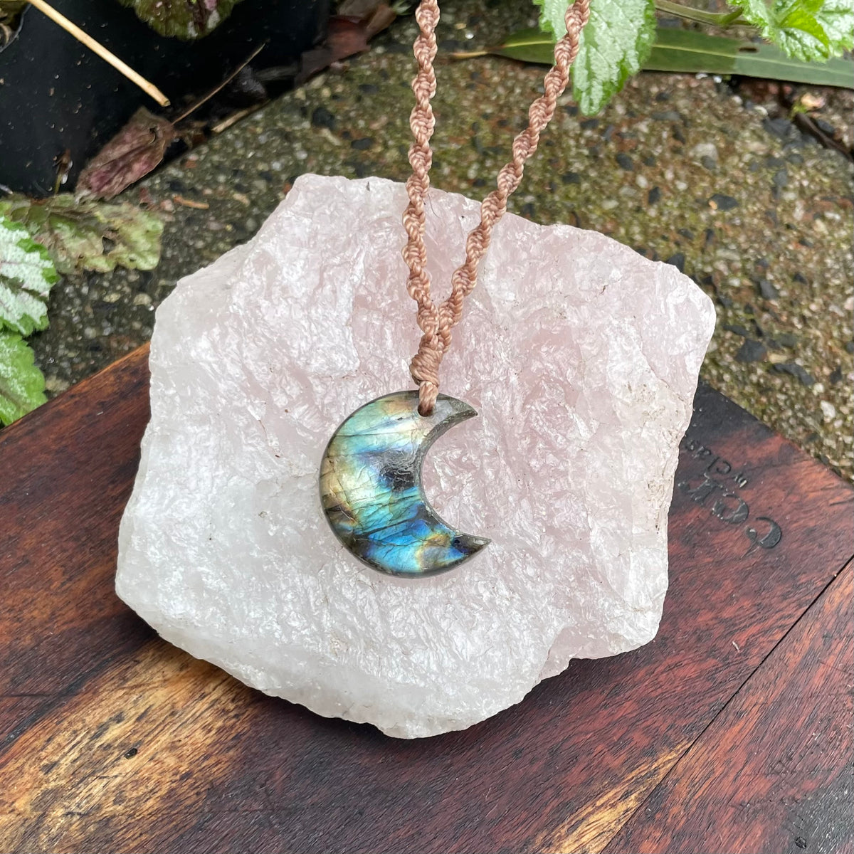 Labradorite Pendant: Crescent moon Beaded Macrame, Adjustable Boho Gift