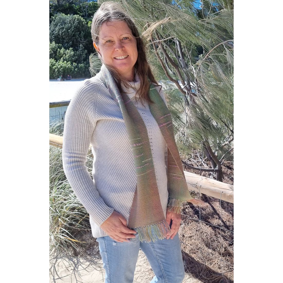 Handwoven scarf 100% wool green to autumn