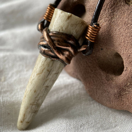 Deer Antler Tip Pendant- Copper on Leather Cord