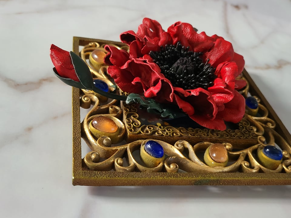 Leather Poppy, Brooch, Pin, Hair Clip