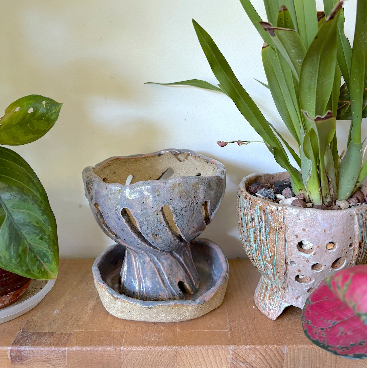 Ceramic carved pedestal twisted orchid pot