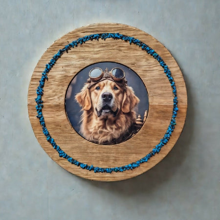 Steampunk Golden Retriever timber plate with Chrysocolla Inlay