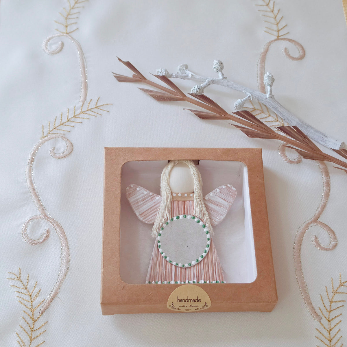 Hello - Palm Angel keepsake handmade green and white dots
