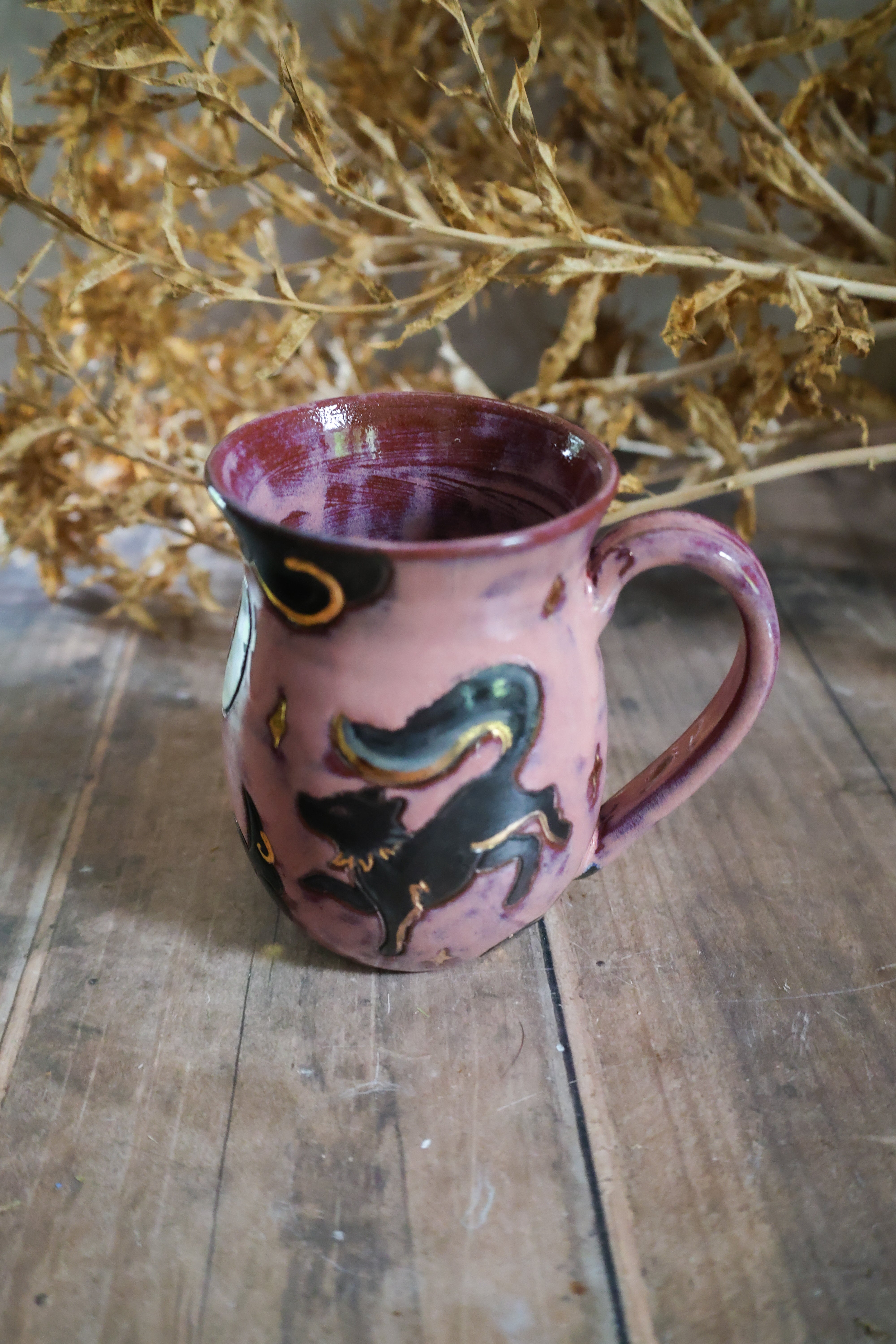 Hand Painted Ceramic Fox and Raven Mug