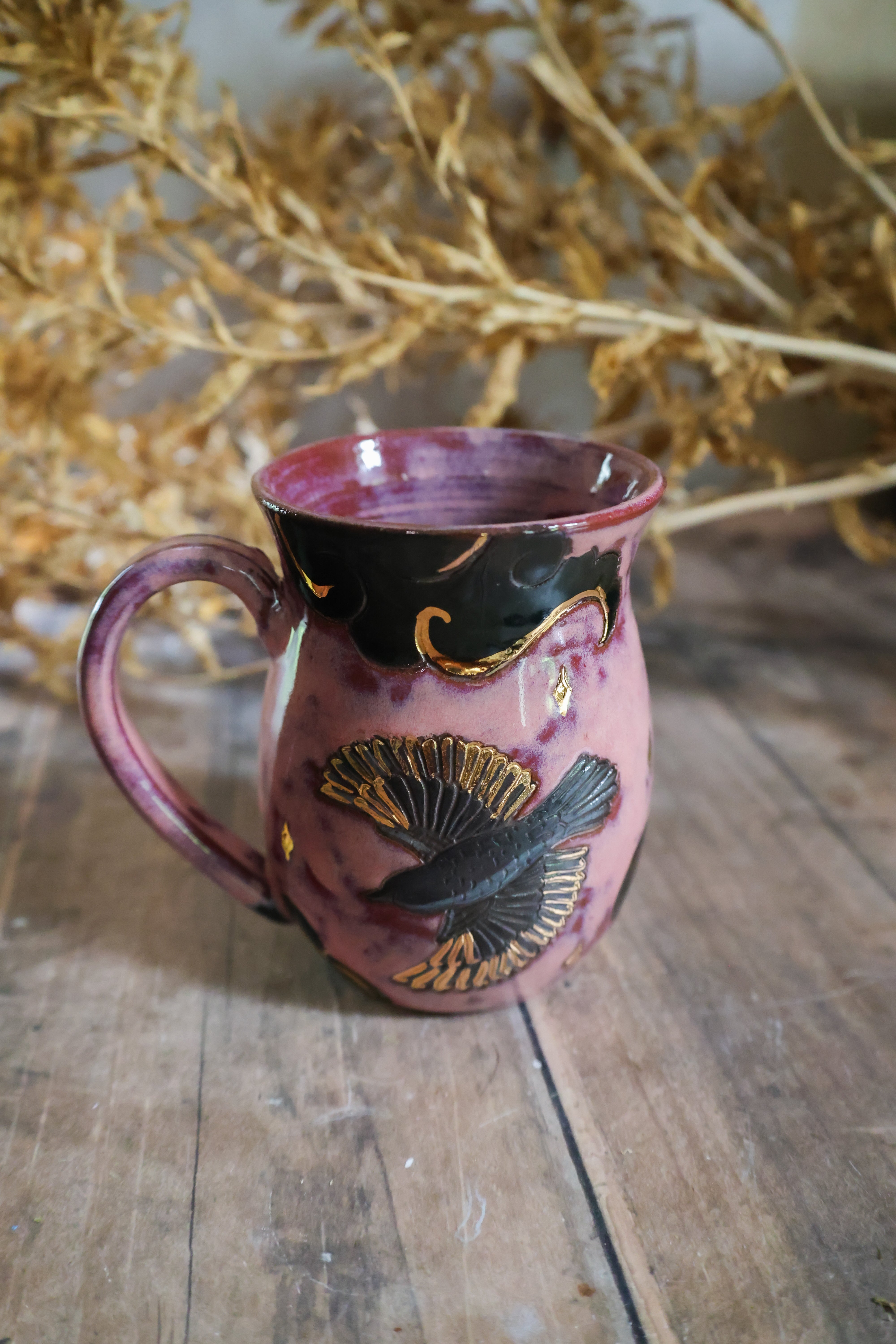 Hand Painted Ceramic Fox and Raven Mug