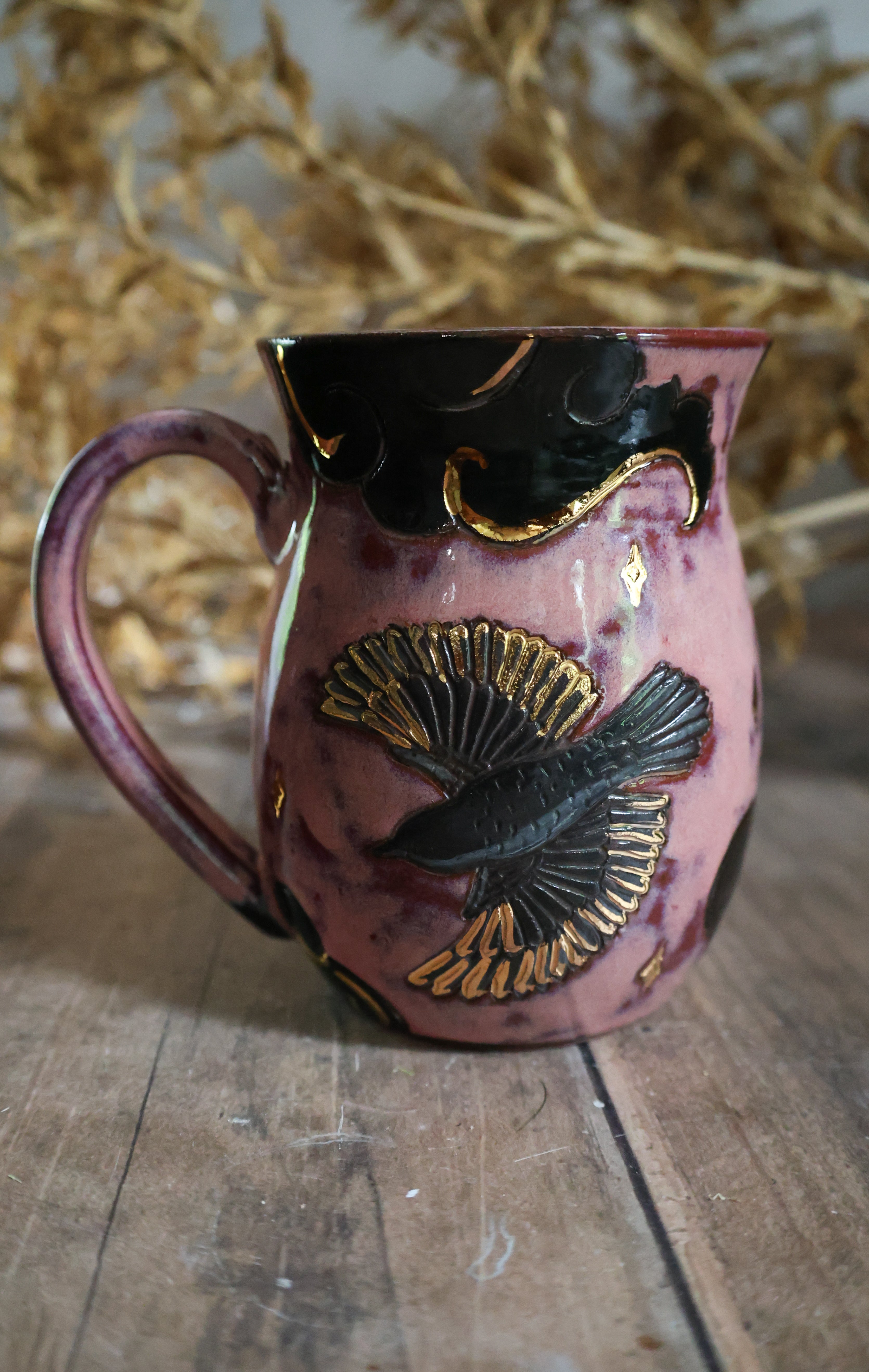 Hand Painted Ceramic Fox and Raven Mug