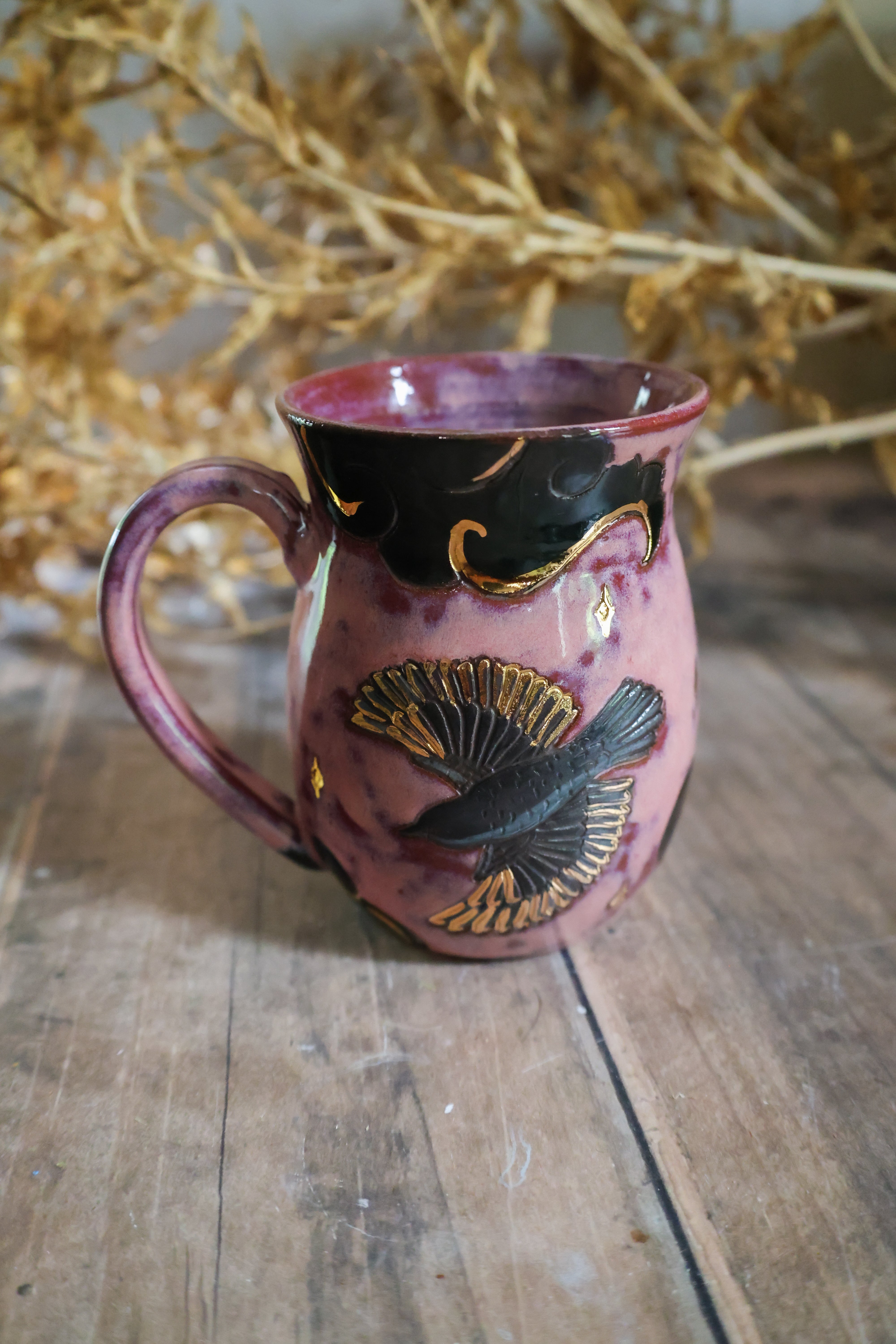 Hand Painted Ceramic Fox and Raven Mug