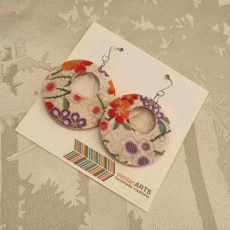 Hikari Woodglass Jewelry Series : Japanese Fabric Wooden Earrings with Sea Glass (Large for the Bold)