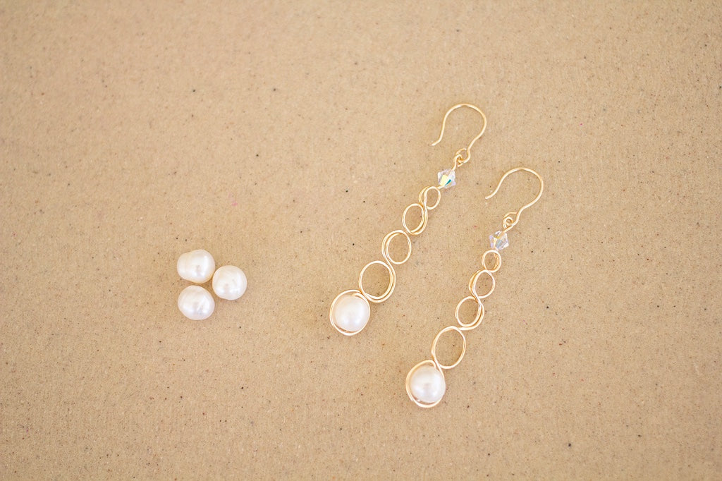 Gold Wire Loop Large White Pearl Earrings | Wedding Jewellery