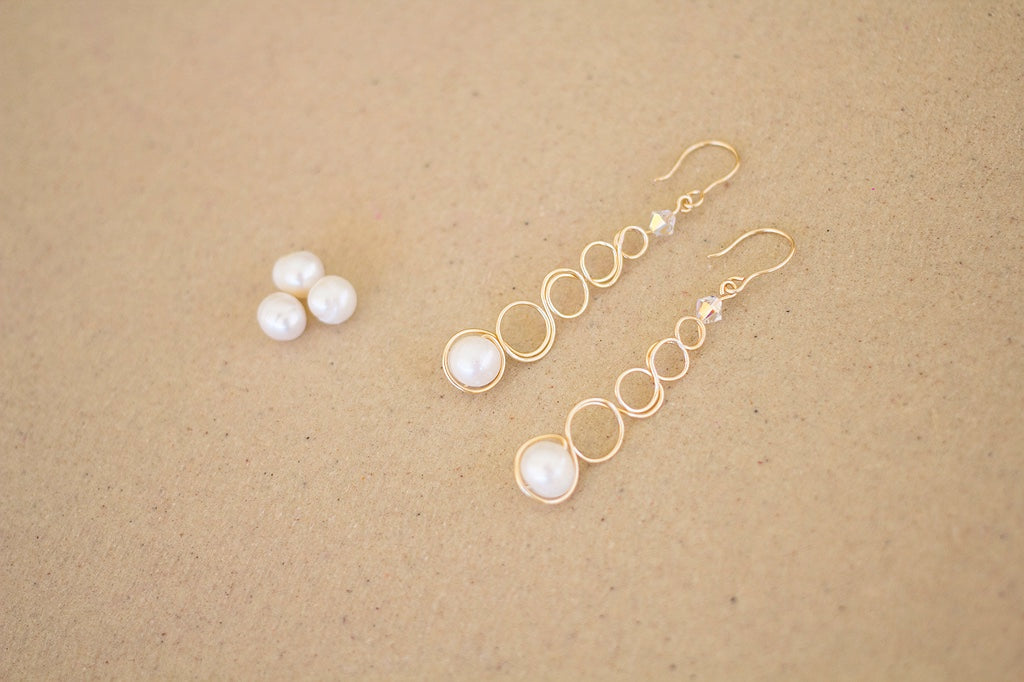 Gold Wire Loop Large White Pearl Earrings | Wedding Jewellery