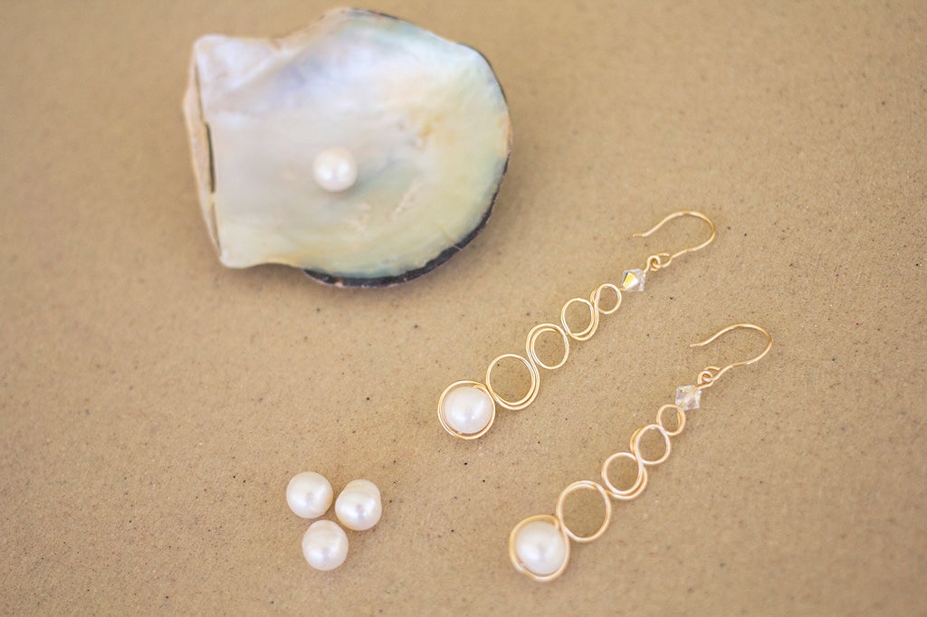 Gold Wire Loop Large White Pearl Earrings | Wedding Jewellery