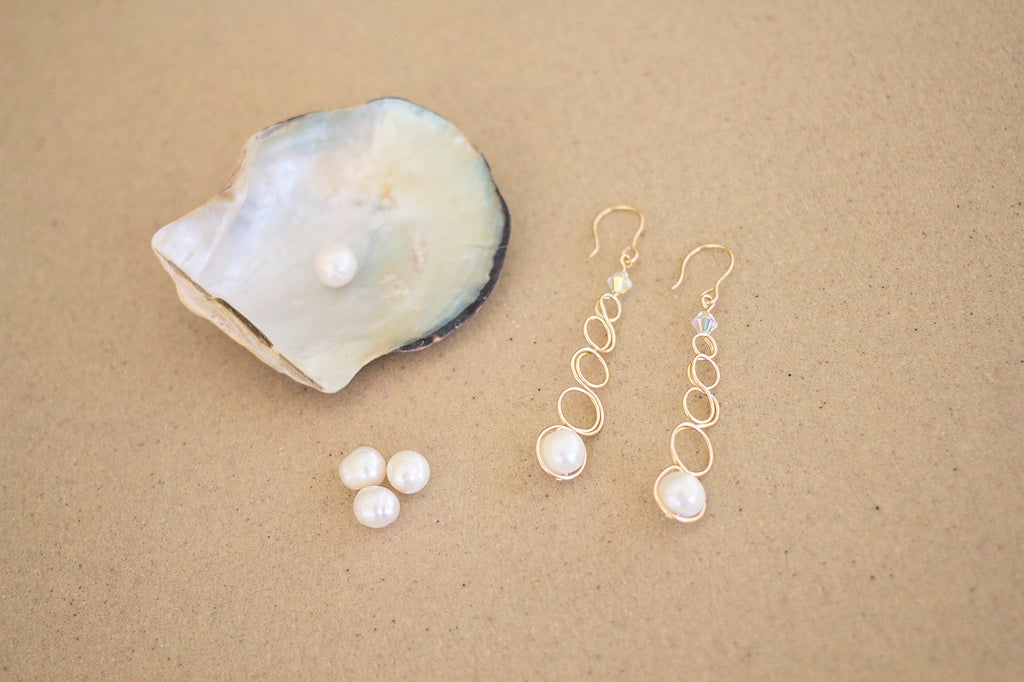 Gold Wire Loop Large White Pearl Earrings | Wedding Jewellery