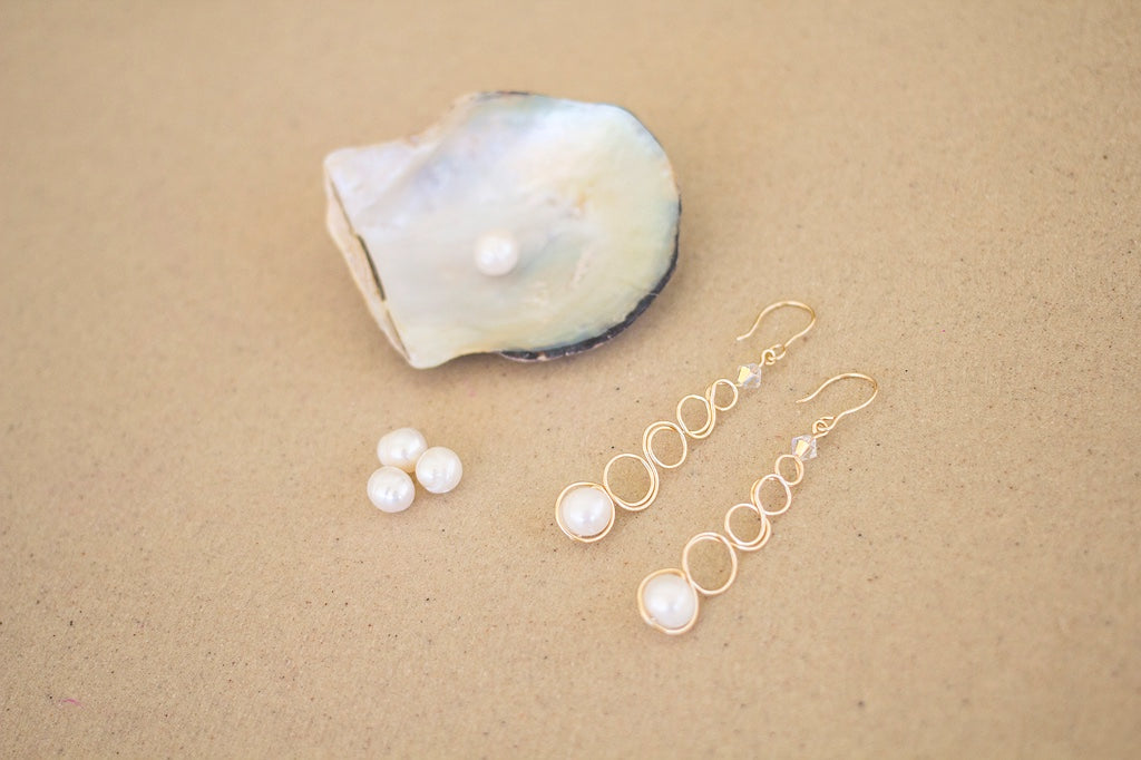 Gold Wire Loop Large White Pearl Earrings | Wedding Jewellery