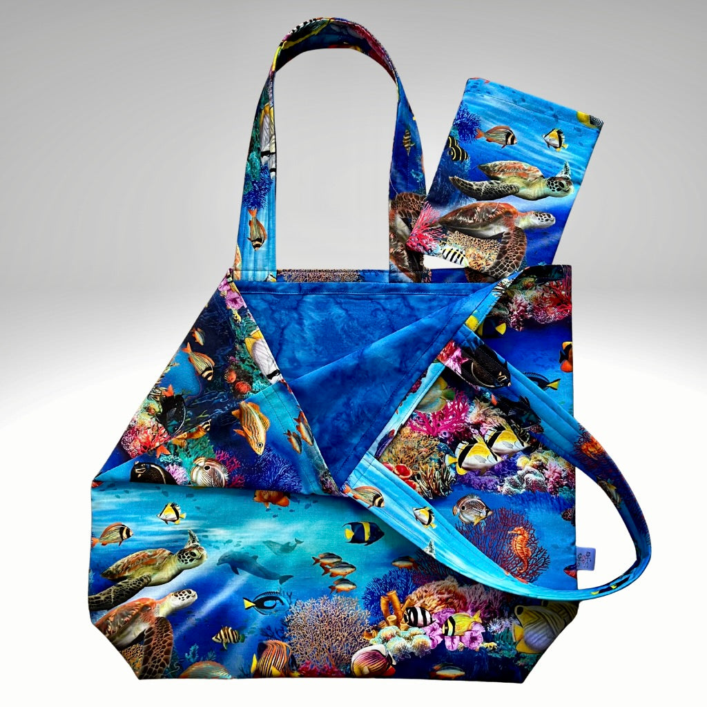 Grocery Tote .. Fish .. Lined with storage pouch